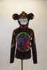 Brown metallic monkey themed costume has colorful animal print circular front insert and ears. Has attached hood s that zips up from the back & secured tail. Front