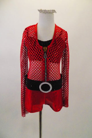 2-piece costume is a large mesh red short unitard with jeweled zip front & shiny red bottom. Below the mesh is a black sequined bra top that matches belt. Comes with crystal hair barrette. Front