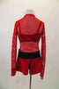 2-piece costume is a large mesh red short unitard with jeweled zip front & shiny red bottom. Below the mesh is a black sequined bra top that matches belt. Comes with crystal hair barrette. Back