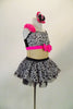 Black & white spotted chiffon dress has nude mesh mid-torso, black sequin back and bright pink band with crystal covered bow at bust & chiffon crinoline skirt. Comes with matching hair accessory. Right side