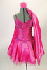 Sweetheart, boned mini dress is a shimmery rose-pink taffeta, covered with beading & crystals. Has attached pink crinoline, matching shawl & hair accessory. Front