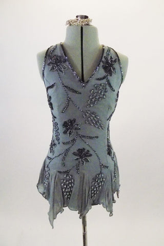 Stunning grey-blue beaded pure silk slip dress has thin silk lacing extending from the back shoulder & lacing intricately across the low open back.  Comes with hair accessory. Front