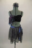 3-piece costume has black crystaled bra top with grey chiffon at bust.  Skirt is strips of grey chiffon with separate bottom. Has sash belt & hair accessory. Front