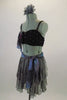 3-piece costume has black crystaled bra top with grey chiffon at bust.  Skirt is strips of grey chiffon with separate bottom. Has sash belt & hair accessory. Left side