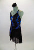 Black & blue angle dress has crackle pattern with crystal accents throughout over black chiffon. Costume has large Swarovski crystal brooch accent at bust and floral hair accessory. Left side