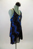 Black & blue angle dress has crackle pattern with crystal accents throughout over black chiffon. Costume has large Swarovski crystal brooch accent at bust and floral hair accessory. Right side