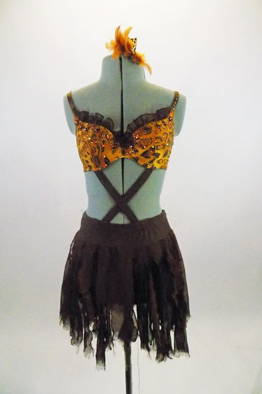 Brown leopard print bra with sequins & crystals is joined to chiffon stripped bottom with a series of front and back cross straps. Comes with hair accessory. Front