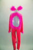 Neon pink full unitard with silver diamond pattern has long sleeves & open back. the iridescent torso, cuffs and ears are edged with pink marabou feathers. Front