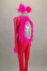 Neon pink full unitard with silver diamond pattern has long sleeves & open back. the iridescent torso, cuffs and ears are edged with pink marabou feathers. Side