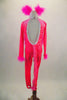 Neon pink full unitard with silver diamond pattern has long sleeves & open back. the iridescent torso, cuffs and ears are edged with pink marabou feathers. Back