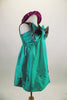 Green taffeta smocked back bubble dress has large crystaled bow accent that covers the bust & pink crystal accents. Comes with pink sequined beret & pink gloves. Side