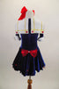 Dark blue velvet dress has white crinoline & red star accents. The large white naval collar has front tie & striped inlay. Collar hash gold piping & red stars. Comes with large red hair bow. Back