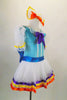 Doll themed ballet dress with blue glitter velvet bodice has blue ribbon accent, sheer white skirt with lace trim & pouf sleeves. Has wind-up plush key at back. Comes with matching hair bow. Right side