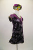 Purple velvet tunic dress has glitter silver fern leaf patterns throughout. The banding is a metallic olive green. Comes with matching pill hat. Side