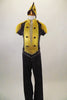 Gold and black jump suit with nautical themed bodice has a gold bib torso with buttons, fringed epaulets & pin striped pants. Comes garrison hat & black gloves. Front