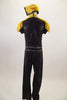Gold and black jump suit with nautical themed bodice has a gold bib torso with buttons, fringed epaulets & pin striped pants. Comes garrison hat & black gloves. Back