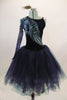 Stunning navy blue velvet full romantic tutu has one shoulder long sleeved bodice accented with 3-D lace of blue floral & green-silver peacock tail feathers. Comes with hair accessory, Front