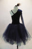 Stunning navy blue velvet full romantic tutu has one shoulder long sleeved bodice accented with 3-D lace of blue floral & green-silver peacock tail feathers. Comes with hair accessory. Back