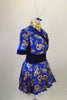 Kimono inspired costume has royal blue & gold  dragon print with deep blue velvet trim.  Blue velvet waist attaches the skirt. Comes with chopstick barrette. Right side