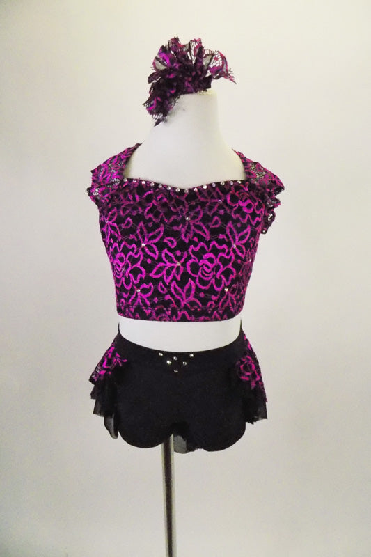 Magenta & black costume has black shorts with magenta & black floral lace. Matching half-top has lace front, cap sleeves & open back. Comes with hair accessory. Front