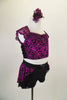Magenta & black costume has black shorts with magenta & black floral lace. Matching half-top has lace front, cap sleeves & open back. Comes with hair accessory.  Side