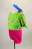 Hot pink halter neck short unitard comes with bright green short sweatshirt cover with bright paint splatter print. Comes with matching turquoise leg warmers. Side