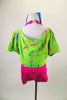 Hot pink halter neck short unitard comes with bright green short sweatshirt cover with bright paint splatter print. Comes with matching turquoise leg warmers. Back