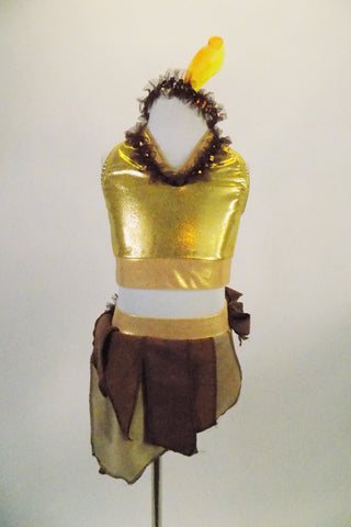 2-piece costume has gold half-tank with keyhole back and brown sequined neckline. Matching skirt has gold brief with angled pieces of brown & beige fabric. Comes with feather headband. Front