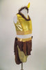 2-piece costume has gold half-tank with keyhole back and brown sequined neckline. Matching skirt has gold brief with angled pieces of brown & beige fabric. Comes with feather headband Right side.