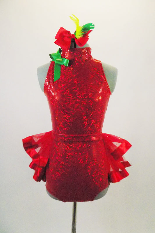 Bright red iridescent leotard has high collar & open wrap back. Pull-on, open front bustle skirt is a sheer tulle edged with wide red satin ribbon. Comes with hair accessory. Front