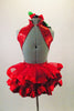 Bright red iridescent leotard has high collar & open wrap back. Pull-on, open front bustle skirt is a sheer tulle edged with wide red satin ribbon. Comes with hair accessory. Back