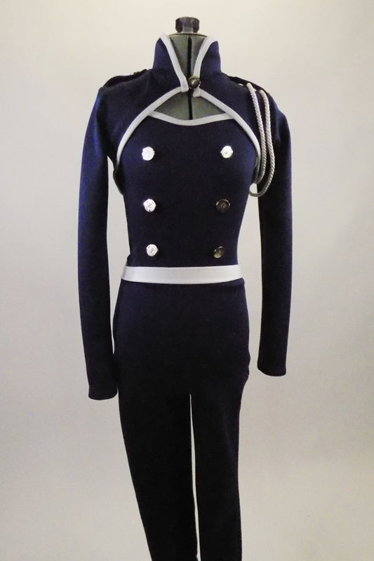 Lined navy stretch unitard has a naval theme with white piping. Open short jacket has epaulet loops to hold the white braided rope. Torso has silver buttons. Front