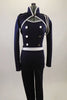 Lined navy stretch unitard has a naval theme with white piping. Open short jacket has epaulet loops to hold the white braided rope. Torso has silver buttons. Front
