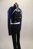 Lined navy stretch unitard has a naval theme with white piping. Open short jacket has epaulet loops to hold the white braided rope. Torso has silver buttons. Right side