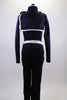 Lined navy stretch unitard has a naval theme with white piping. Open short jacket has epaulet loops to hold the white braided rope. Torso has silver buttons. Back