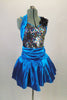 Blue satiny dress has fully sequined front bodice surrounded by halter ties, & black back. Gathered skirt has layered crinoline & cummerbund waistband. Comes with crystal hair barrette. Front
