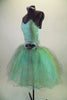 Pale mint and silver romantic tutu dress has delicate sequined bodice & layers of crystal tulle in aqua, silver & gold. Has wide silver waistband with flower. Comes with jeweled hair band. Left side