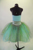Pale mint and silver romantic tutu dress has delicate sequined bodice & layers of crystal tulle in aqua, silver & gold. Has wide silver waistband with flower. Comes with jeweled hair band. Back