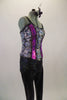 Iridescent snake skin print, lace back corset top has fuchsia vertical stripes along bust edged with rhinestone piping. Comes with matching black pants, lace up wrist gauntlets and hair accessory. Right side