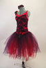 Rich red & purple jewel tone lace make the bodice of tutu dress. Long crystal tulle layers of red and purple are accented by roses on left hip, right shoulder. Comes with matching rose hair accessory. Left side