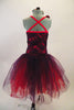 Rich red & purple jewel tone lace make the bodice of tutu dress. Long crystal tulle layers of red and purple are accented by roses on left hip, right shoulder. Comes with matching rose hair accessory. Back