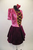 Pink satin & wine velvet peasant style ballet dress has cuffed pouf sleeves, gold lacing on burgundy center & a velvet skirt on layers of white crinoline. Comes with separate brief and hair accessory. Side