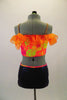 Bright neon colored floral print off-shoulder half top, has orange taffeta ruffle & nude reinforcing straps. Navy sequined brief has neon buttons & waistband. Comes with neon green hair scarf. Back