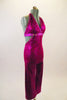 Fuchsia sequined capri-length unitard has triangle bust low back & halter neck edged with crystals. Crystalled bust-line band wraps to the back.  Comes with hair barrette  Side
