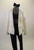 Denim leggings are paired with matching padded crystalled bra, accompanied by a white lined blazer with lapels and zippered pockets. Comes with Large blue bow. Front
