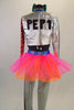 3-piece wild, bright costume with silver leggings & jacket has bright bold patterned inlays on legs, arms & lapels. Legging has pink-orange tutu bustle skirt. Comes with bright orange neck tie & green hair bow. Back