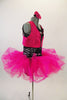 3-piece costume has black & silver striped, one shoulder unitard base. The base is paired with pink bengaline vest. Has pink, crystal tulle pull-on tutu skirt & floral hair accessory. Side