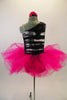 3-piece costume has black & silver striped, one shoulder unitard base. The base is paired with pink bengaline vest. Has pink, crystal tulle pull-on tutu skirt & floral hair accessory. Front without vest