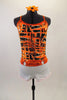 Black & orange abstract lattice print camisole leotard has white bottom. White cotton short sits over top of the leotard & has a bright orange hooped belt. Comes with matching hair accessory. Front