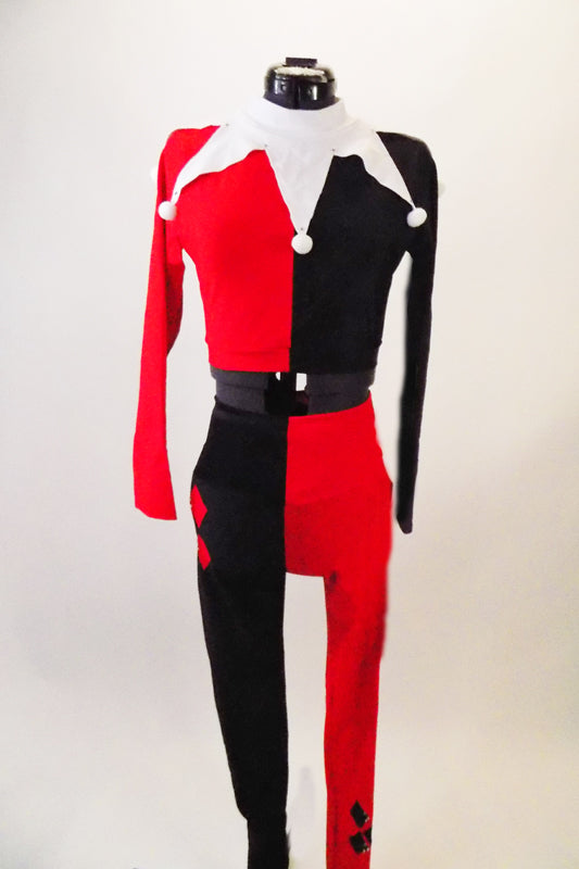 Card themed, 2-piece costume has long-sleeved red/black half top with keyhole back opposite pattern to leggings. Neck is accented by white jester-style collar. Comes with red and black gloves. Front